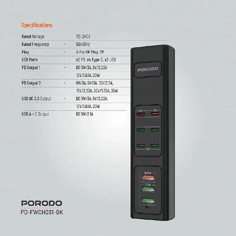 Porodo Multi-Port USB Charging HUB 85W - Black