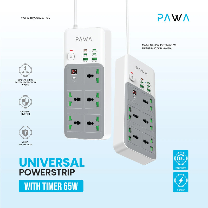 PAWA Universal Power Strip With Timer  - 5 Way  / 65W / USB-A / USB-C / White