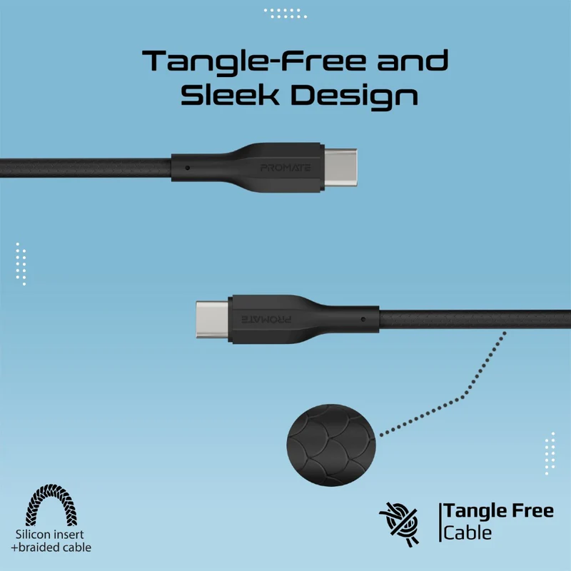 كابل  شحن PROMATE CableKit-CC عالي المقاومة للشد كابل  60 واط / 480 ميجابت في الثانية / يو اس بي/ أسود  عبوة من 3 قطع