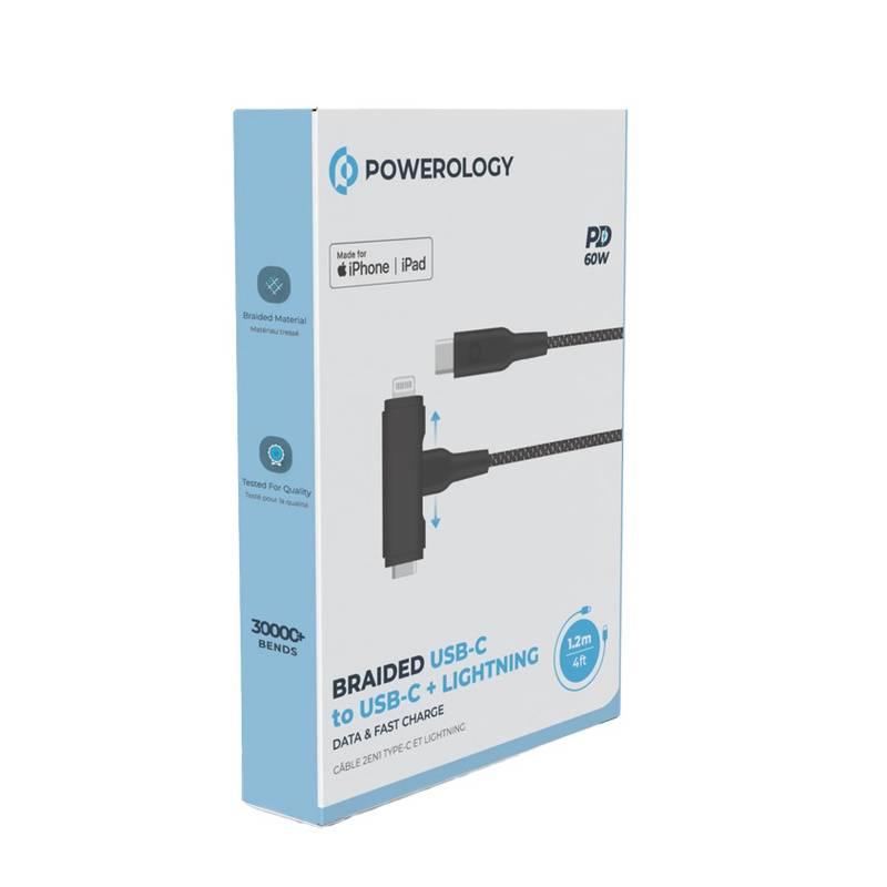 Powerology MFI Braided 2in1 C94 Cable - Type-C / Lightning / 1.2 Meter / Black