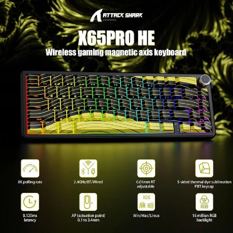 ATTACK SHARK X65 Pro HE Wireless Rapid Trigger Gaming Keyboard With Magnetic Switch - Black And Yellow Contour Lines