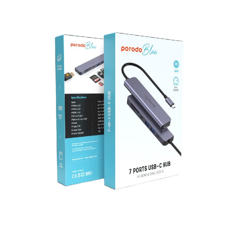 Porodo Blue 7 In 1 Hub - HDMI / 2xUSB-A / 2xUSB-C / SD MicroSD / Grey