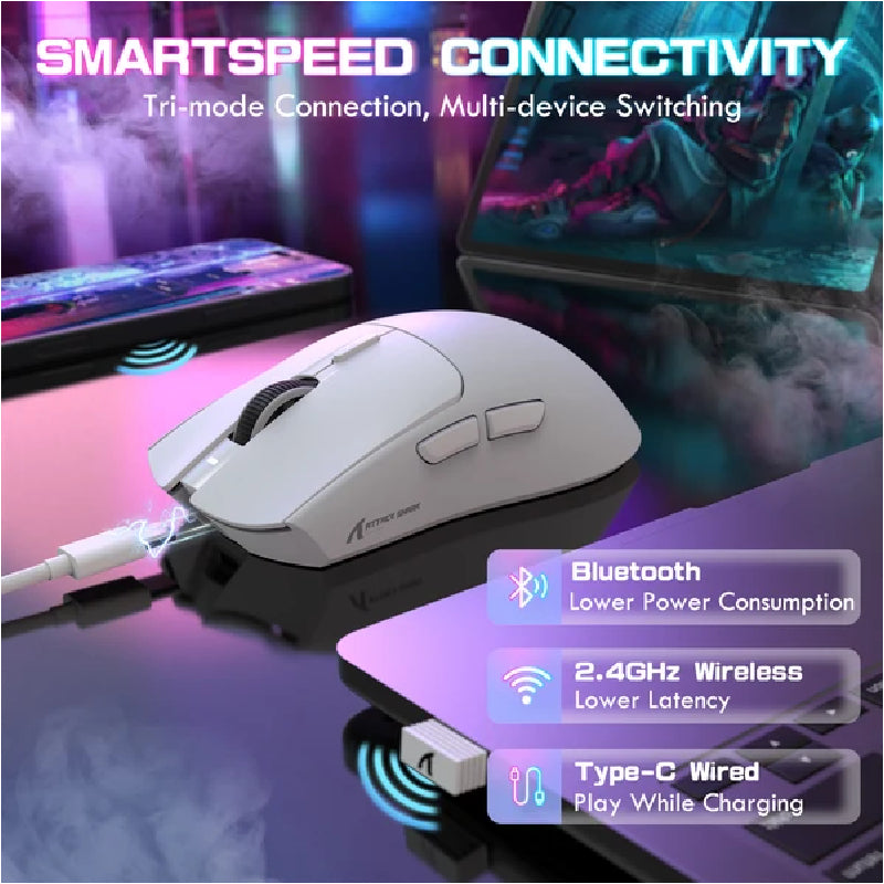 ATTACK SHARK X1 Tri-mode Gaming Mouse With Touchpad RGB Charging Dock PAW3395PRO Sensor - White