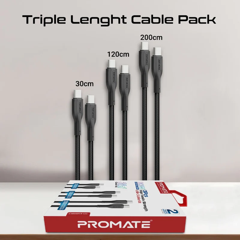 كابل  شحن PROMATE CableKit-CC عالي المقاومة للشد كابل  60 واط / 480 ميجابت في الثانية / يو اس بي/ أسود  عبوة من 3 قطع