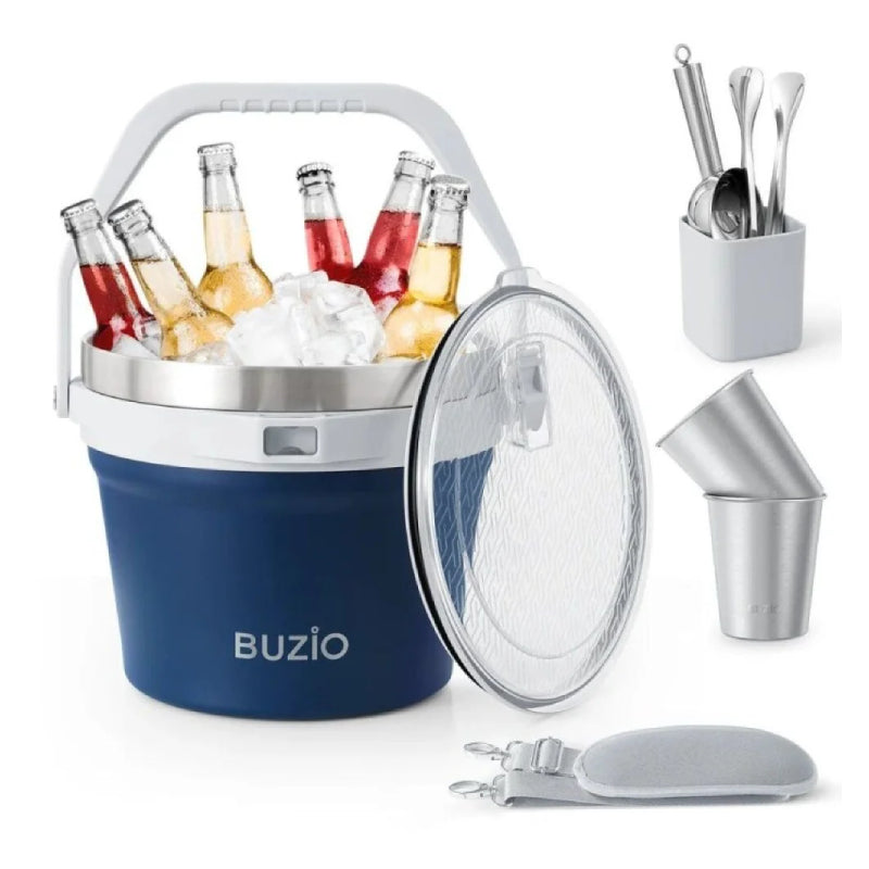 Buzio Insulated Ice Bucket with Lid Scoop Tongs and 2 Cups - 7L / Blue