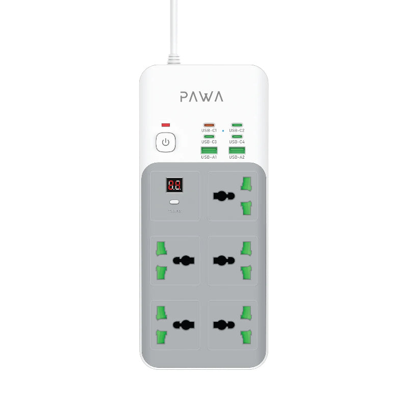 PAWA Universal Power Strip With Timer  - 5 Way  / 65W / USB-A / USB-C / White