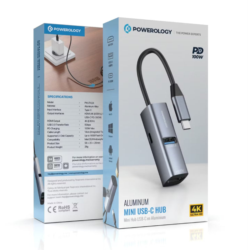 باورولوجي ألمنيوم ميني يو اس بي موزع  4K إتش دي إم أي  يو اس بي .0 / يو اس بي