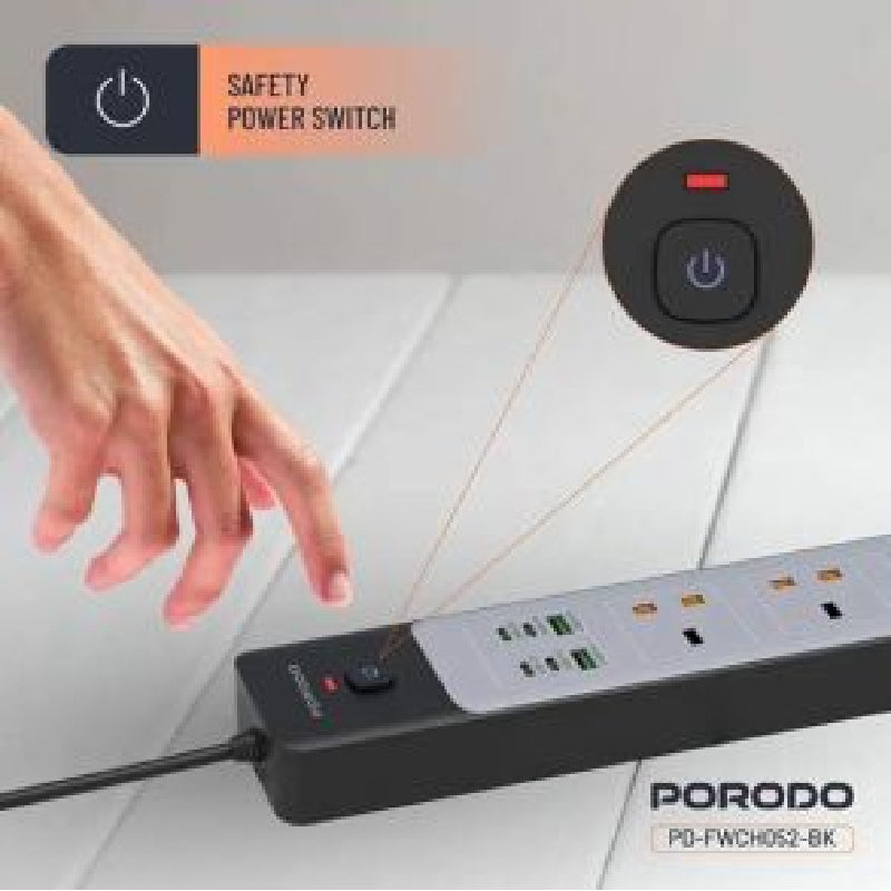 Porodo Power Strip 3AC | 45W | 300W - Black