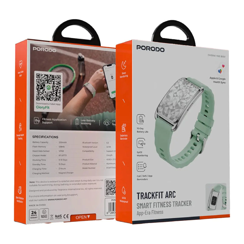 Porodo TrackFit Arc Smart Fitness Tracker with Silicon Strap - Bluetooth / 200mAh / Green