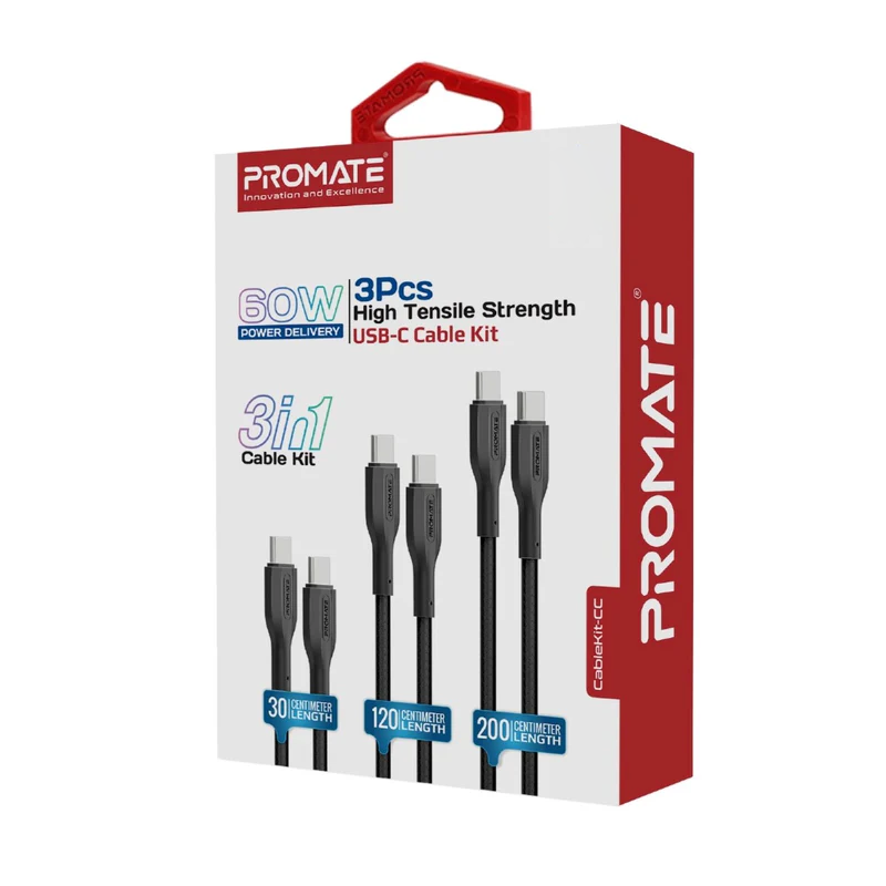 كابل  شحن PROMATE CableKit-CC عالي المقاومة للشد كابل  60 واط / 480 ميجابت في الثانية / يو اس بي/ أسود  عبوة من 3 قطع