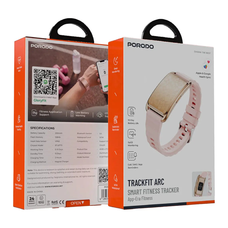 Porodo TrackFit Arc Smart Fitness Tracker with Silicon Strap - Bluetooth / 200mAh / Pink