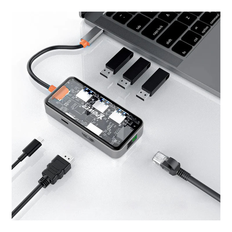 XPower HU62 6 In 1 Type-C Hub - 100W / USB / HDMI / Type-C / RJ45 - Transparent Grey