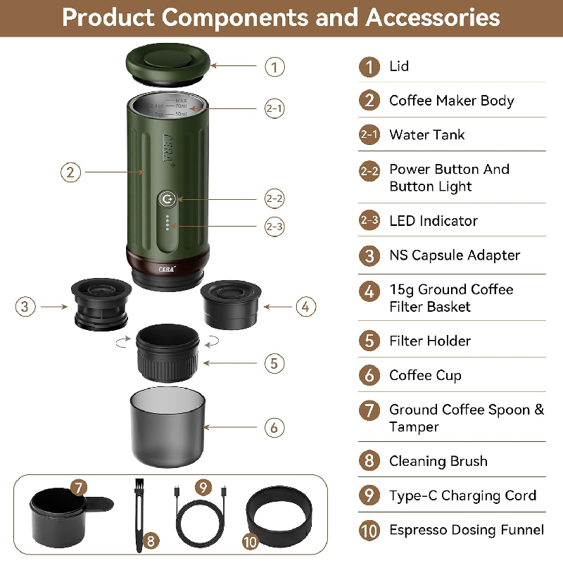 CERA+ PCMO3S Portable Coffee Machine - 4500mAh / Green