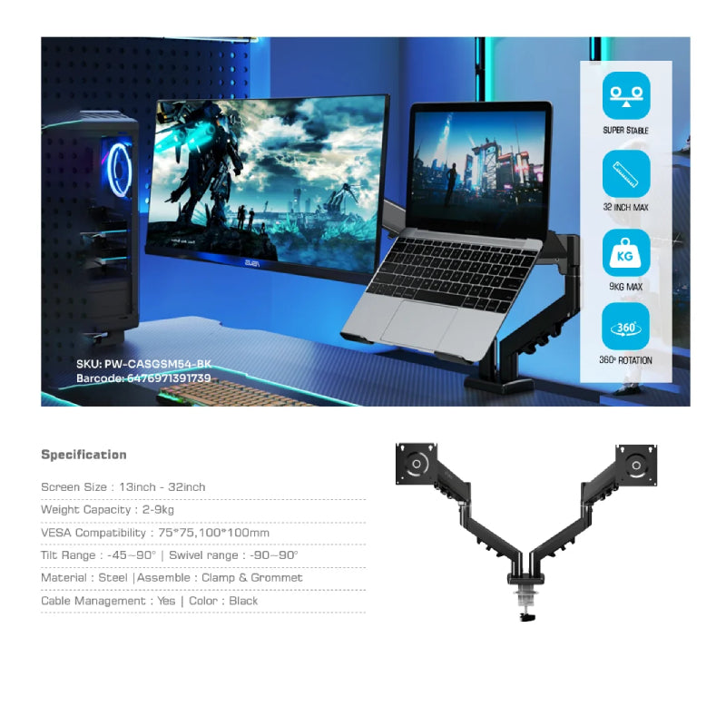 Pawa Double Gas Spring Computer Arm - 13"-32" Inch / 445mm / Black