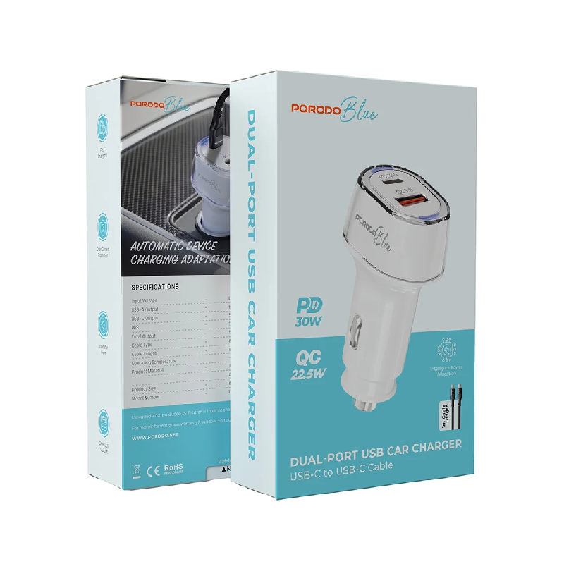 Porodo Blue Dual Port Car Charger - 52.5W/ White
