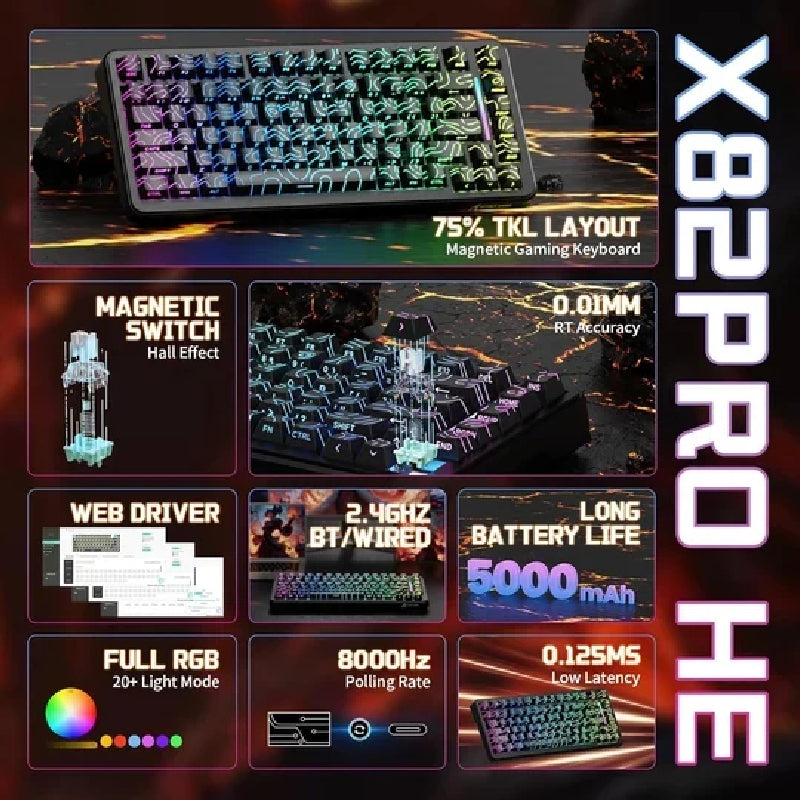 ATTACK SHARK X82 Pro HE Wireless Rapid Trigger Gaming Keyboard With Magnetic Switch - Black Contours