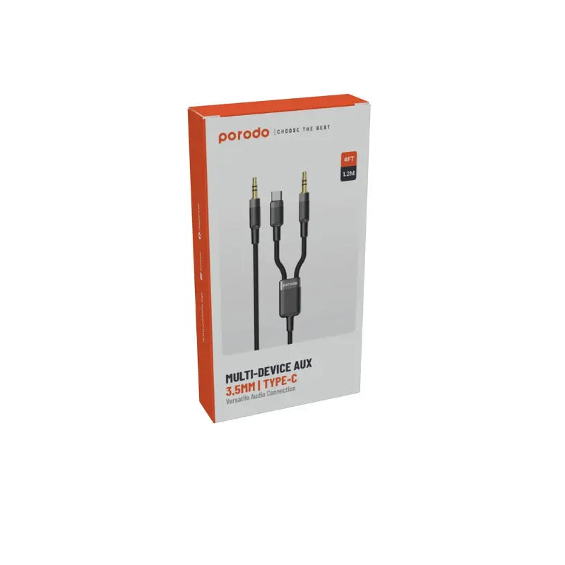 Porodo 2in1 Aux 3.5 to 3.5+type-C Cable - 1.2 Meter / Black