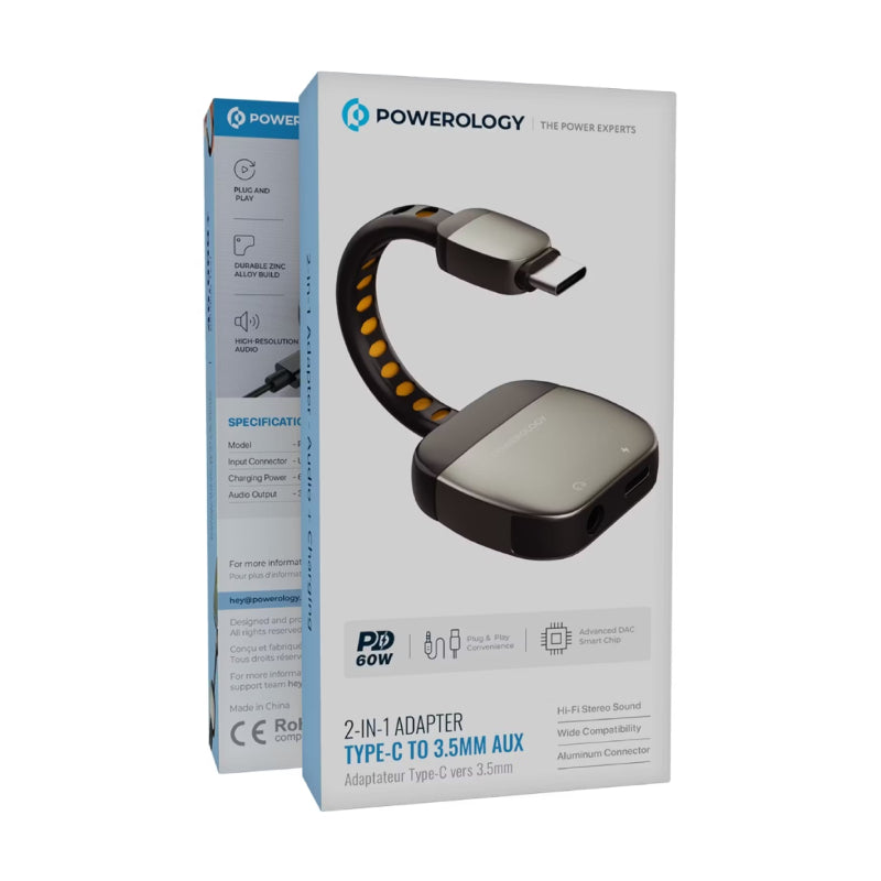 Powerology 2-in-1 USB-C to Aux & USB-C Adapter - 60W / USB-C / Grey