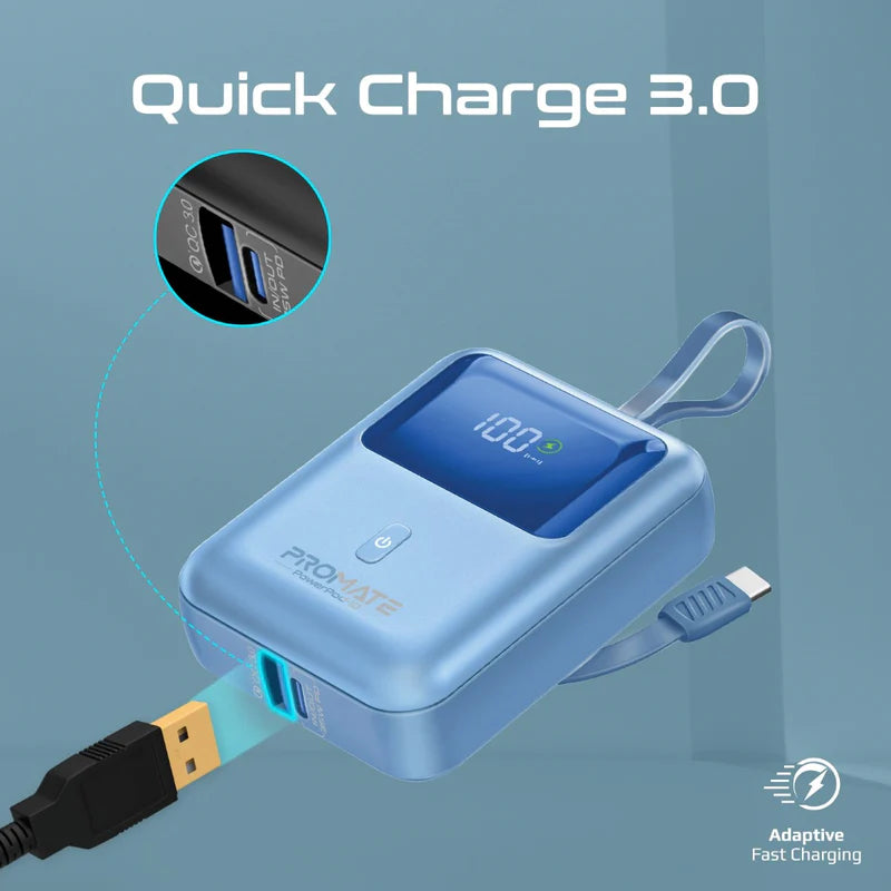 PROMATE PowerPod-10 ألترا مضغوط طاقة  مع بلت-ان يو اس بي كابل  35W / يو اس بي/ يو اس بي/ أزرق