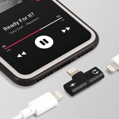PROMATE iHinge-LT 2-in-1 Audio & Charging Adaptor with Lightning Connector - Black