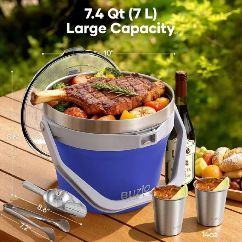 Buzio Insulated Ice Bucket with Lid Scoop Tongs and 2 Cups - 7L / Purple
