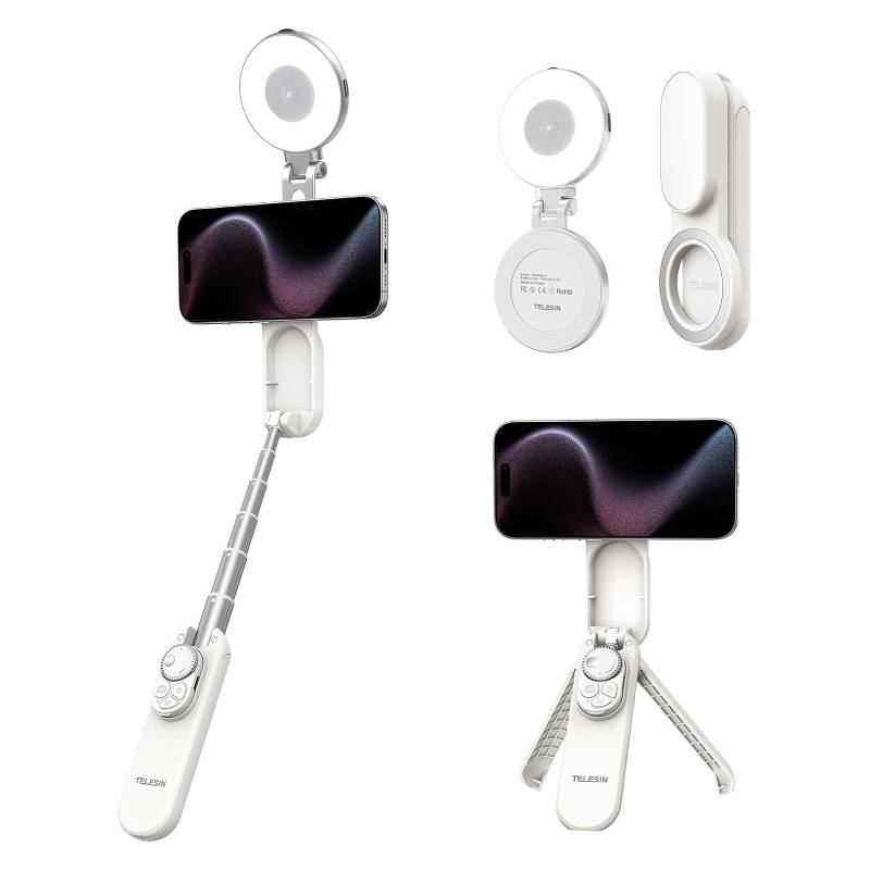 TELESIN Magnetic Selfie Stick Tripod with Selfie Light - White