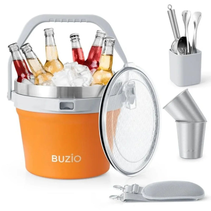Buzio Insulated Ice Bucket with Lid Scoop Tongs and 2 Cups - 7L / Orange