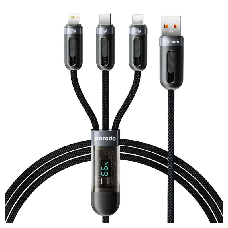 Porodo Multi-Connector USB-A Fast Charging Display Cable - Micro USB / Type-C / Lightning / 1.2 Meter / Black