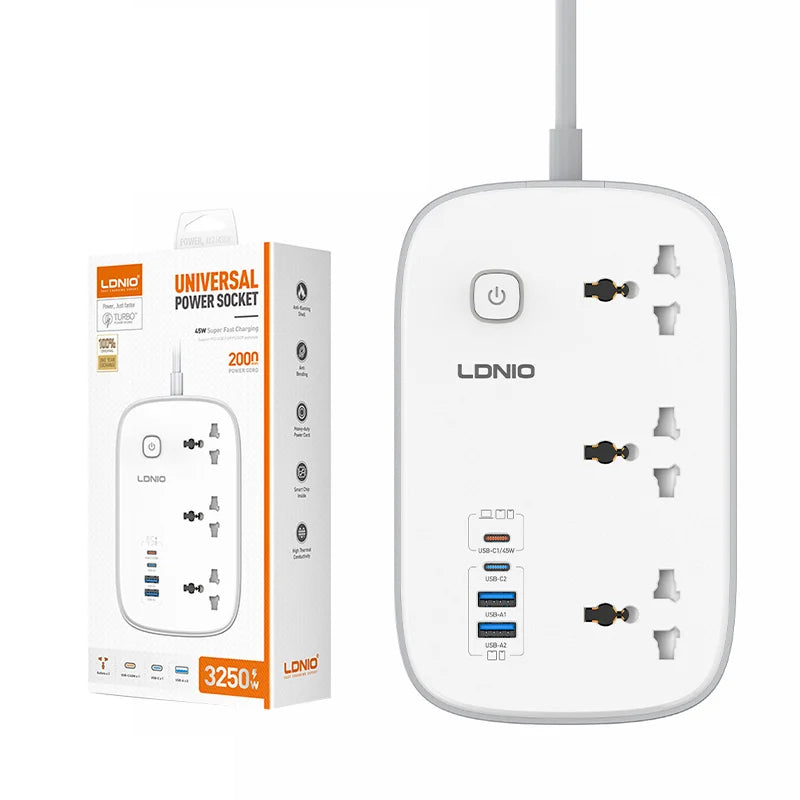 موسع طاقة لدنيو مقبس  سلك طاقة مقبس  ثلاثي / يو اس بي/ يو اس بي/ أبيض