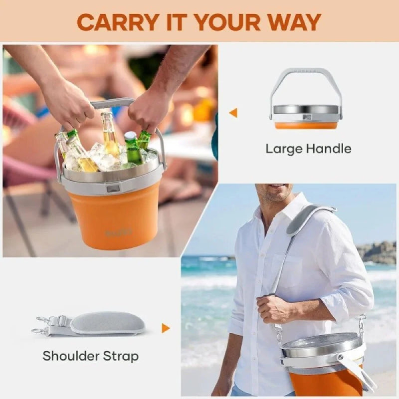 Buzio Insulated Ice Bucket with Lid Scoop Tongs and 2 Cups - 7L / Orange