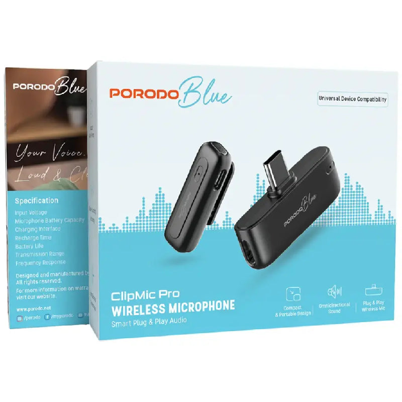 Porodo Blue Clip Mic Pro Wireless Microphone - Black