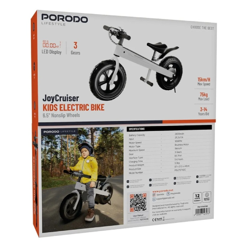 Porodo Lifestyle Electric Kid's Bike Joy Cruiser - 2600mAh / 165 RPM / White