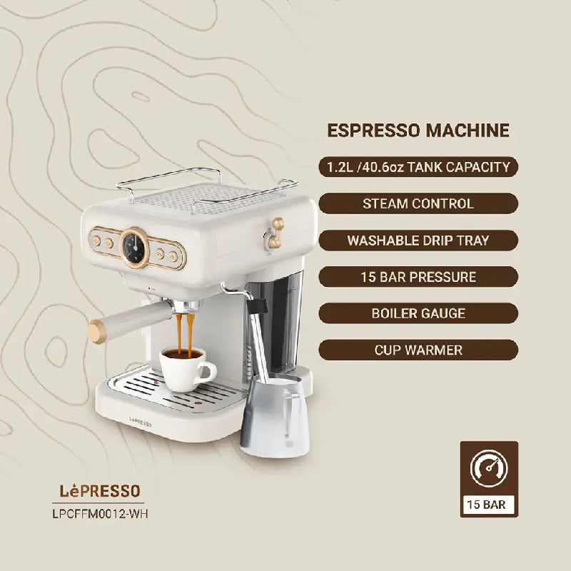 LePresso Retro Espresso Boiler Machine Gauge and Milk Steamer - White