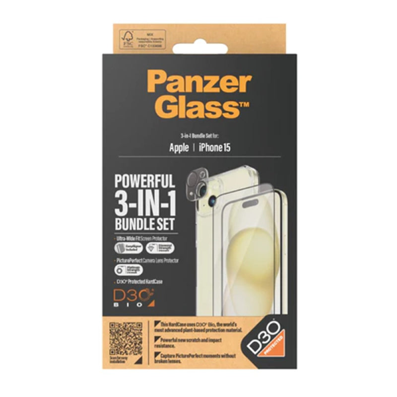 PanzerGlass Ultra Wide Fit with D3O Bundle Tempered Glass Screen Protector for Apple iPhone 15 - Clear