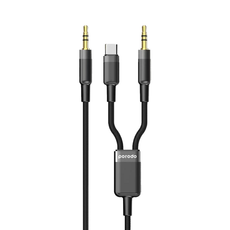 Porodo 2in1 Aux 3.5 to 3.5+type-C Cable - 1.2 Meter / Black