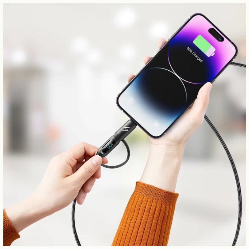 Porodo Dual-Connector Type-C Fast Charging Cable With Power Display - 1.2 Meter / Black