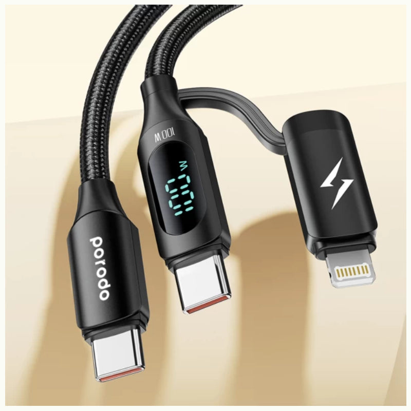 Porodo Dual-Connector Type-C Fast Charging Cable With Power Display - 1.2 Meter / Black