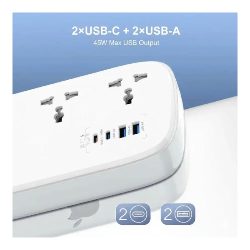 موسع طاقة لدنيو مقبس  سلك طاقة مقبس  ثلاثي / يو اس بي/ يو اس بي/ أبيض