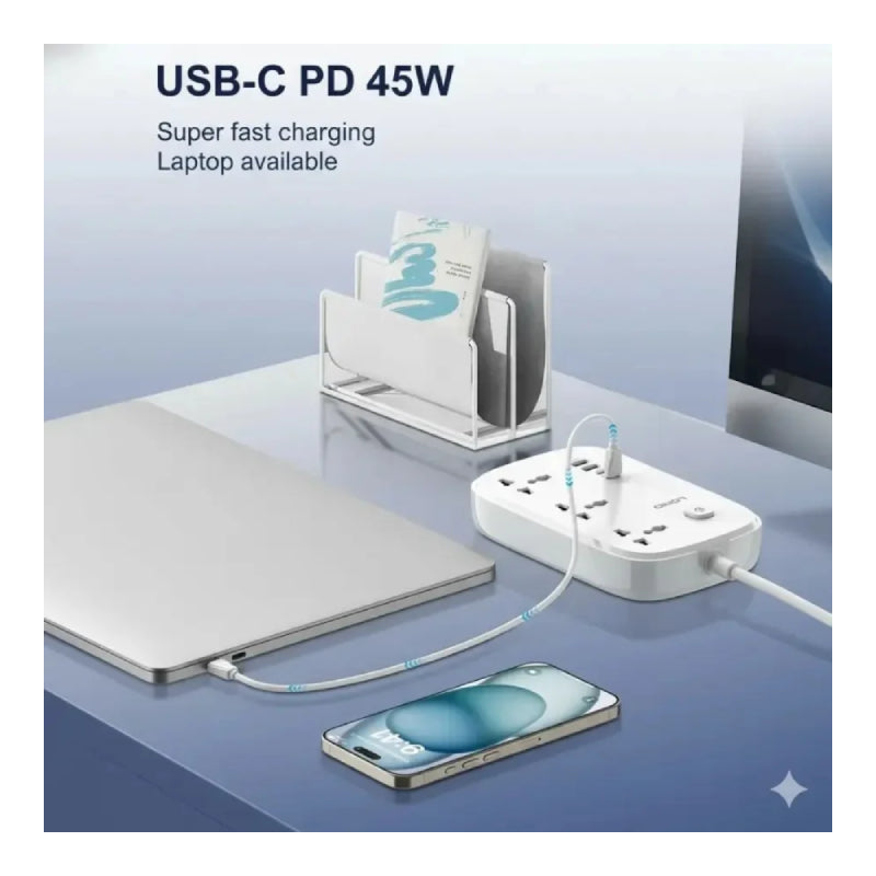 موسع طاقة لدنيو مقبس  سلك طاقة مقبس  ثلاثي / يو اس بي/ يو اس بي/ أبيض