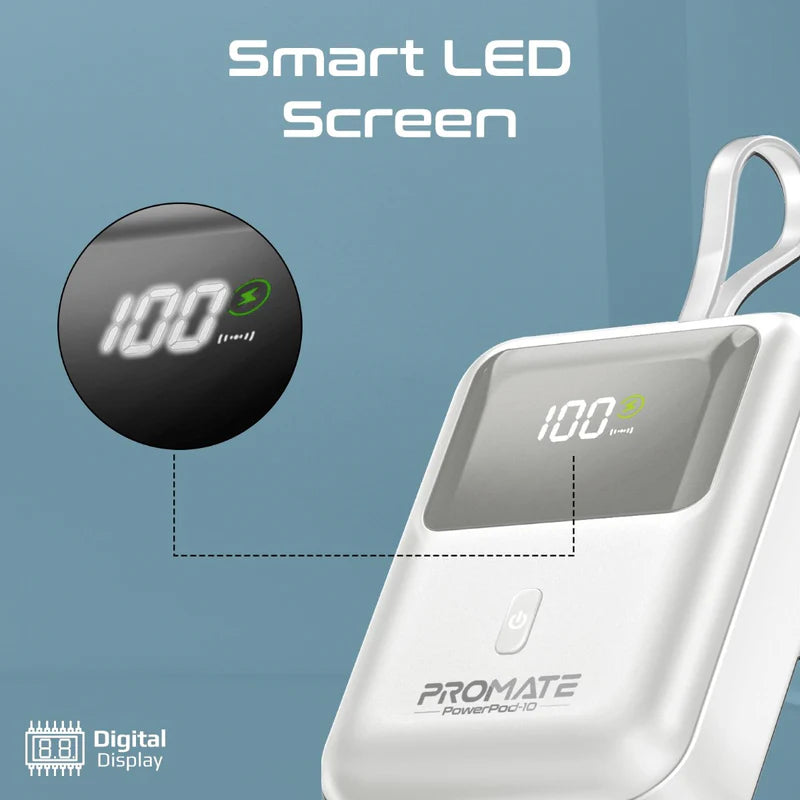 PROMATE PowerPod-10 ألترا مضغوط طاقة  مع بلت-ان يو اس بي كابل  35W / يو اس بي/ يو اس بي/ أبيض