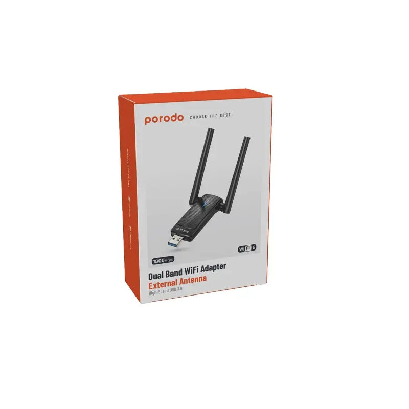 Porodo Dual Band USB Adapter with External Antenna - Black