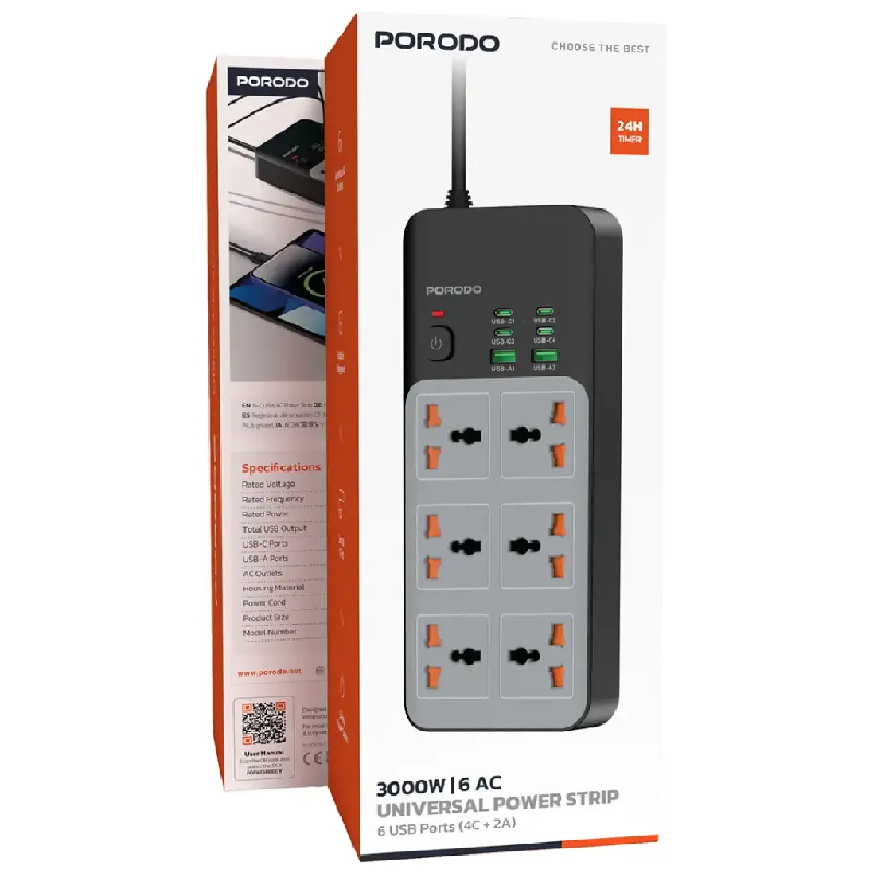Porodo Universal Power Strip with 6 USB Ports/3000W/4C+2A - Gray