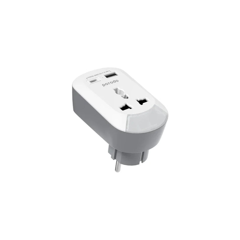 Porodo Universal AC Socket EU Plug Adapter - USB-A / USB-C / White