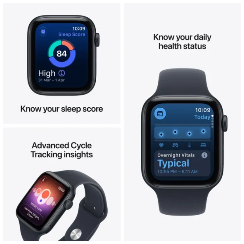 Apple Watch SE 3 with Sport Band - LTPO OLED / 44mm / Medium/Large / Bluetooth / Wi-Fi / Midnight Aluminium Case with Navy Blue Sport Band