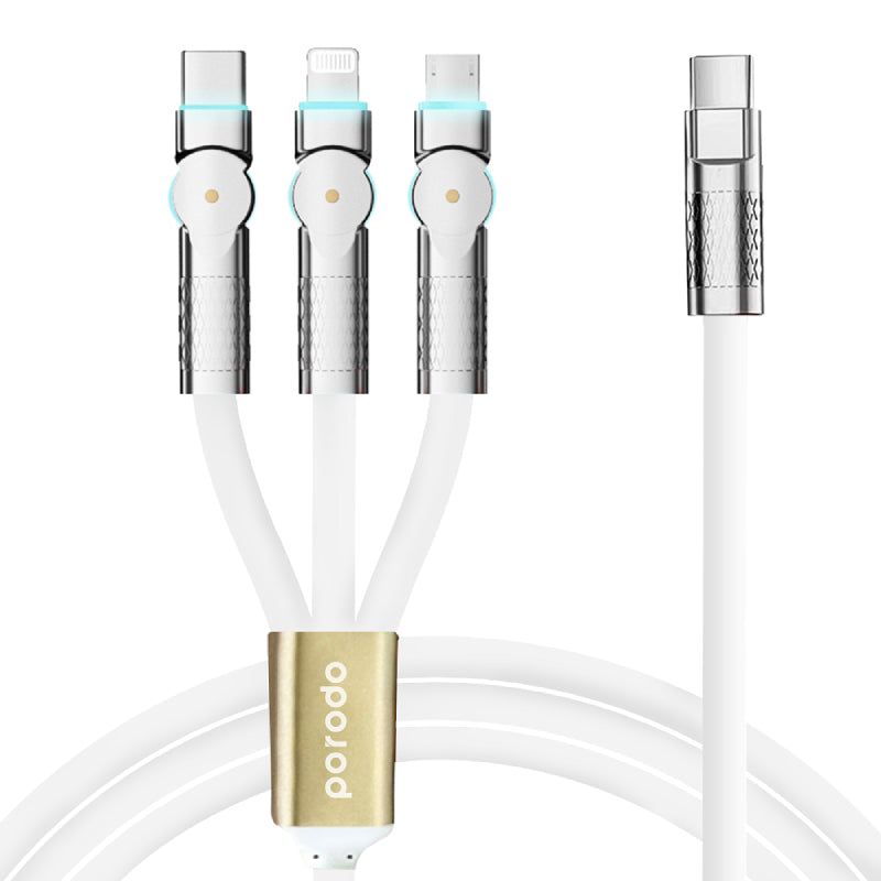 Porodo Three-in-one Multi-Connector Swivel Cable - 100W / 1.2 Meter / White