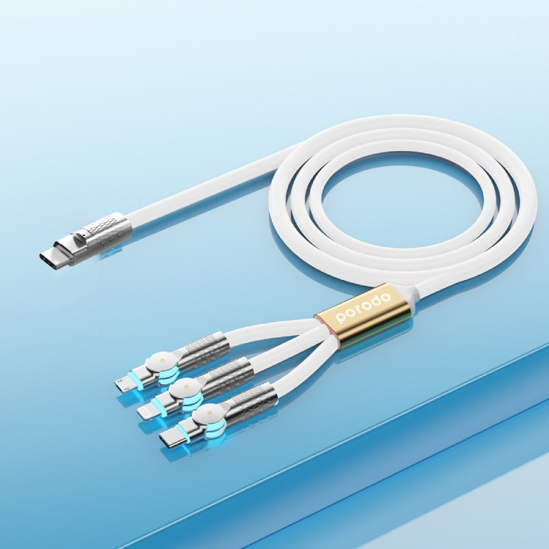 Porodo Three-in-one Multi-Connector Swivel Cable - 100W / 1.2 Meter / White