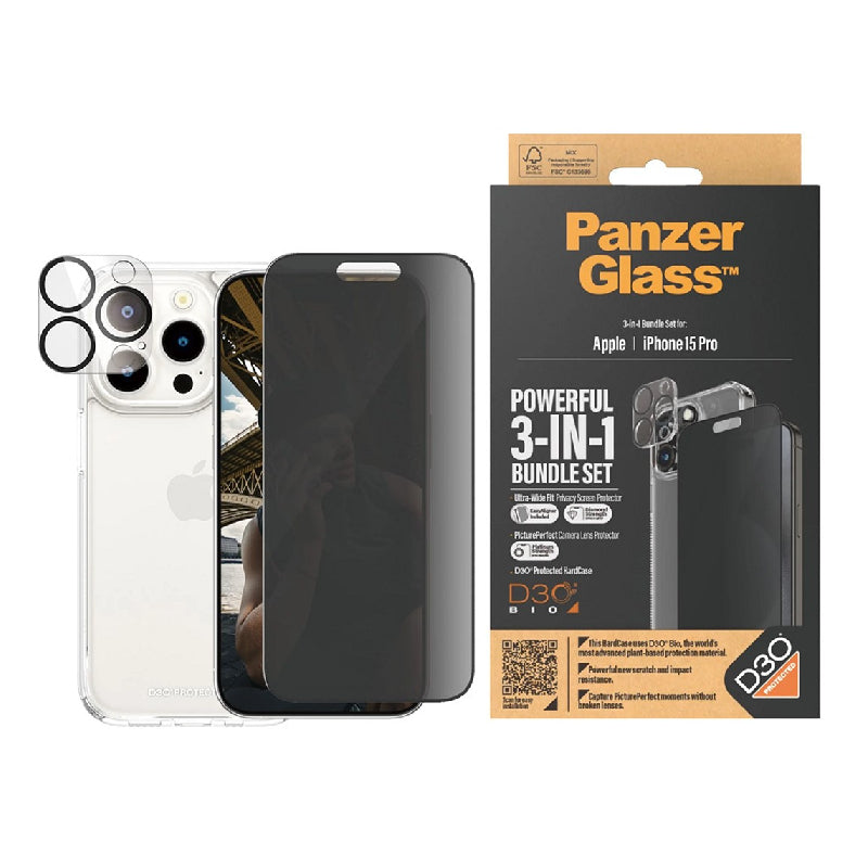 PanzerGlass Ultra Wide Fit with D3O Bundle Tempered Glass Screen Protector for Apple iPhone 15  Pro - Privacy
