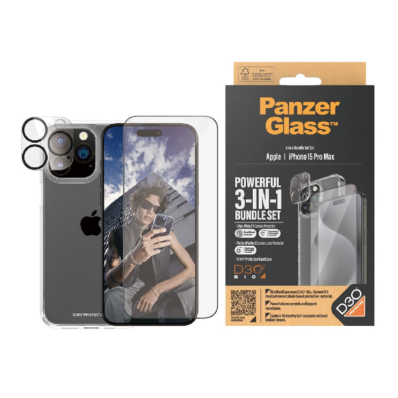 PanzerGlass Ultra Wide Fit with D3O Bundle Tempered Glass Screen Protector for Apple iPhone 15 Pro Max - Clear