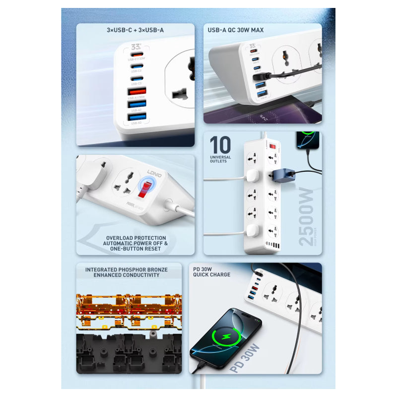 Ldnio SC10610C 10 Outlet Power Socket - 10 Way / UK Plug / USB-C / USB-A / 2 Meters / White