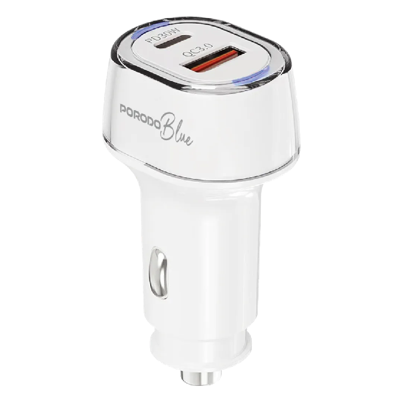Porodo Blue Dual Port Car Charger USB-C to Lightning - 52.5W/ White